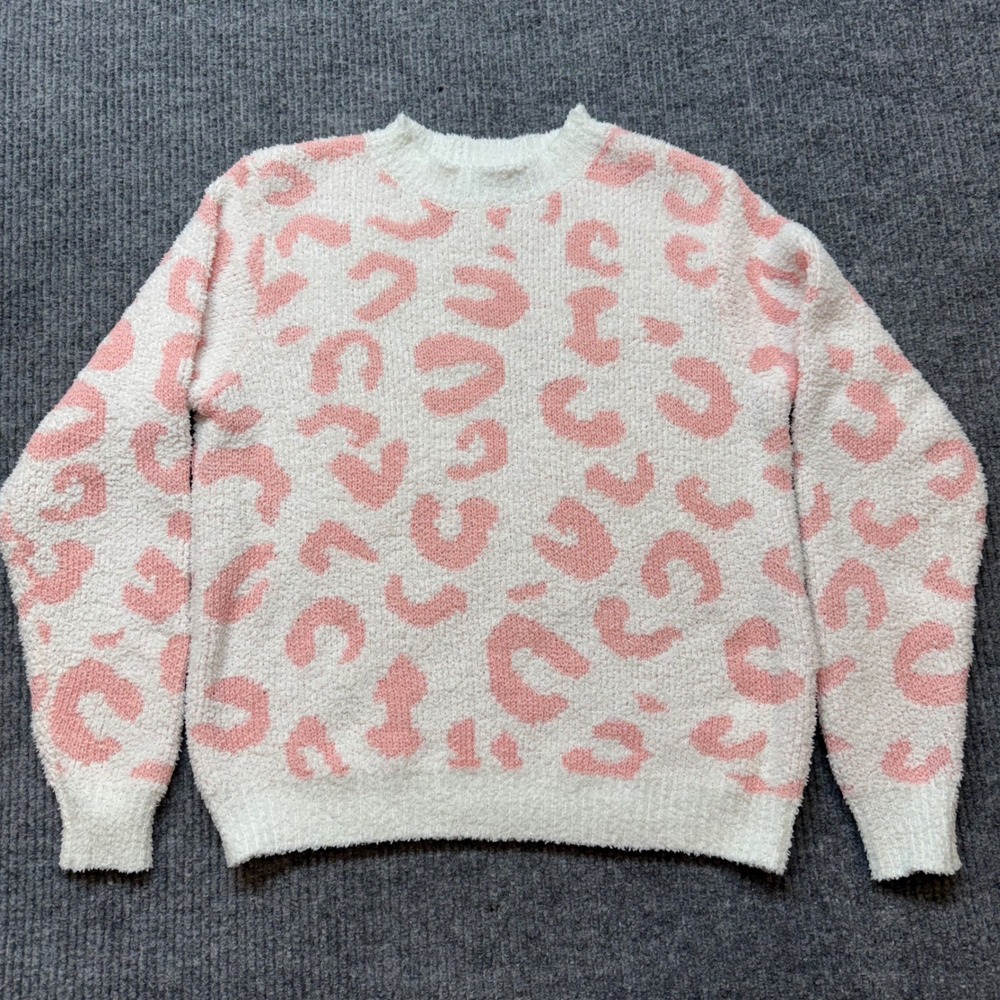 Pink White Leopard Feminine Fuzzy Sweater Small Soft Cozy Y2K Knit Pullover
